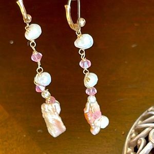 Pierced long Biwa and cut teardrop fresh water pearls pink Swarovski crystals